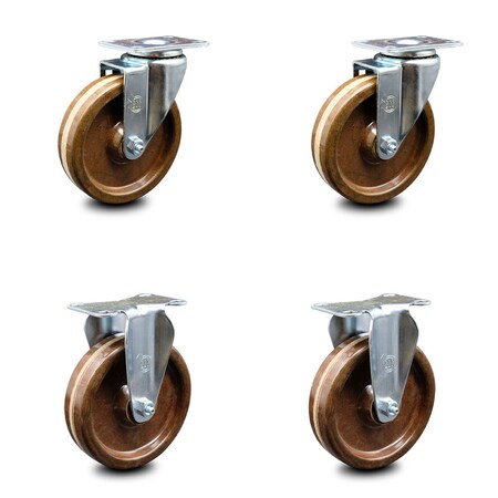 Service Caster 5 Inch High Temp Phenolic Wheel Swivel Top Plate Caster Set with 2 Rigid SCC SCC-20S514-PHSHT-TP3-2-R-2
